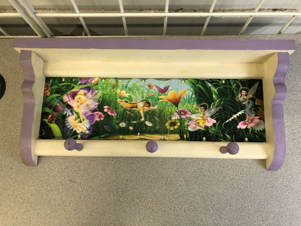 TINKERBELL WALL HANGING SMALL SHELF W HOOKS.
