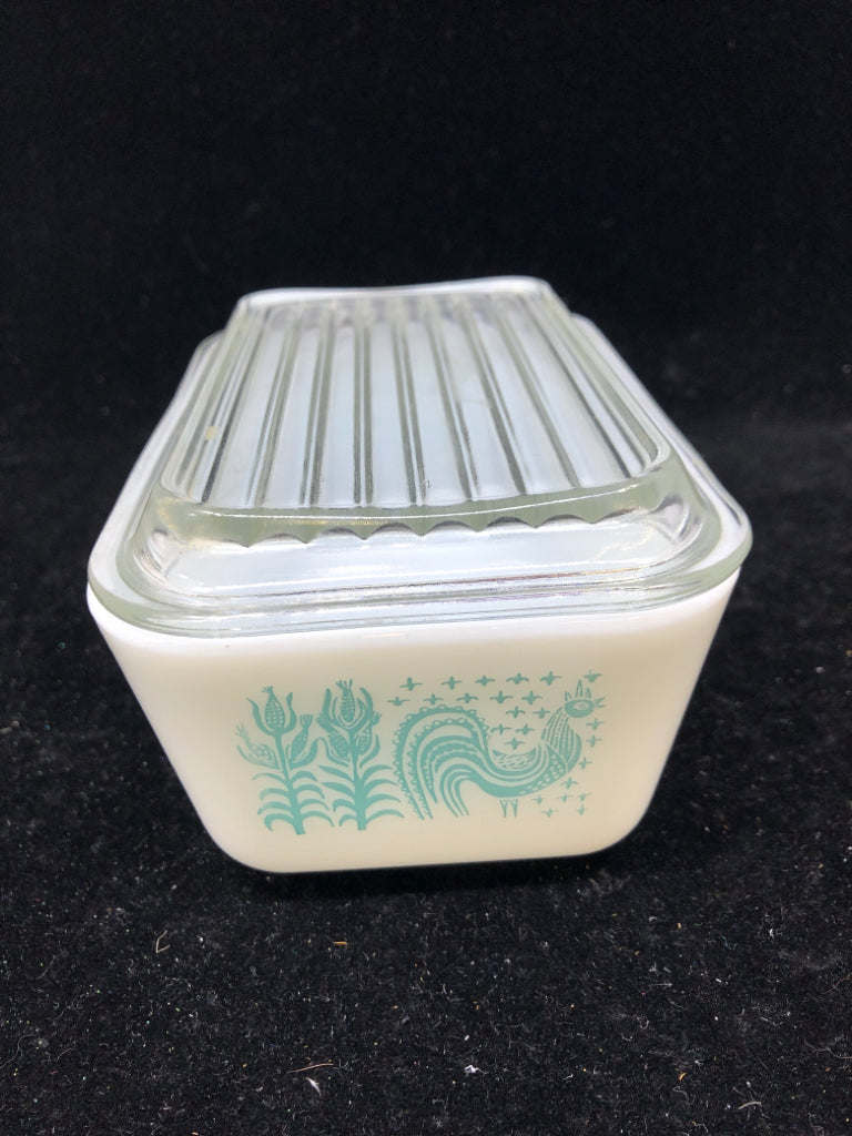 VTG PRYEX RECTANGLE AMISH BUTTERPRINT FRIDGE DISH W LID.