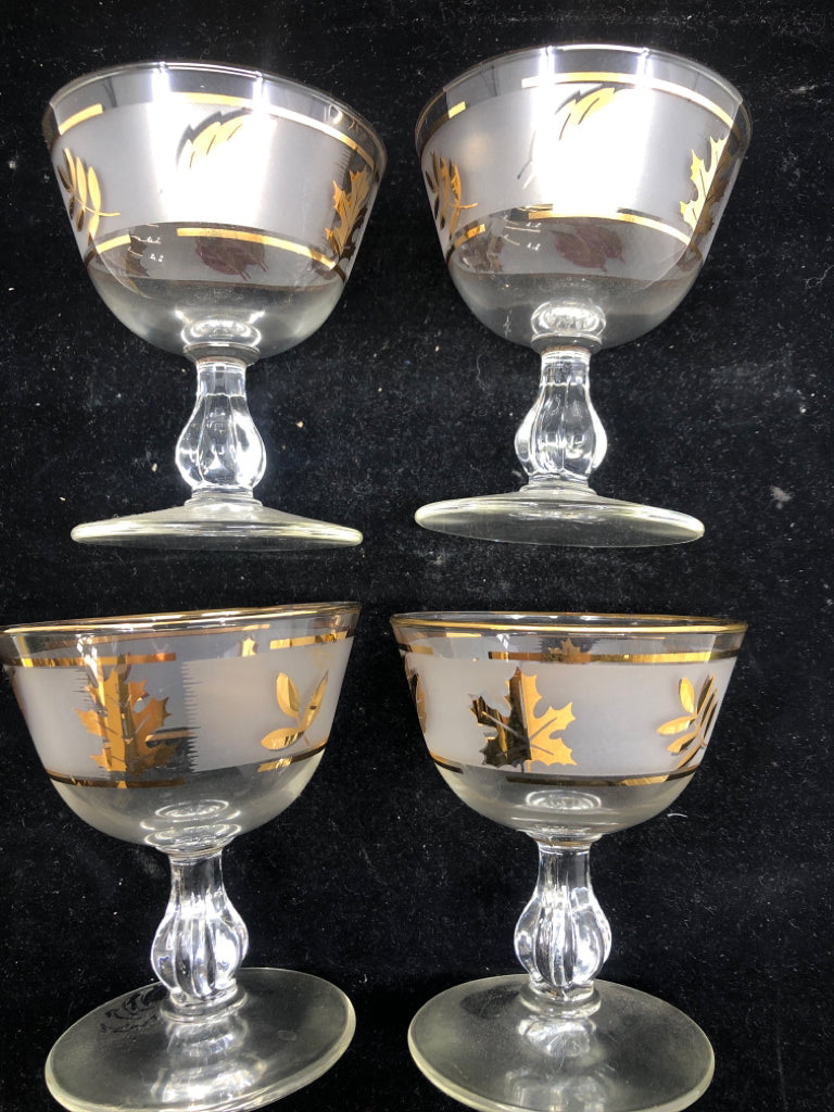 4 VTG GOLD LEAF DESSERT GLASSES.