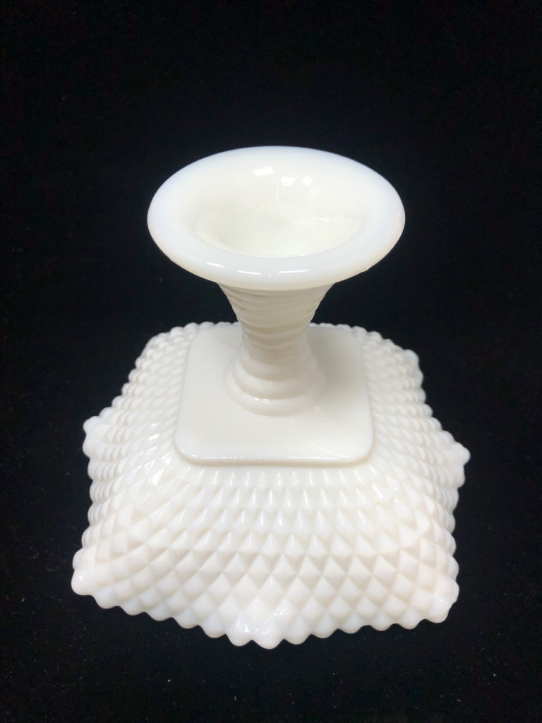 VTG MILK GLASS PEDESTAL CANDY DISH W/SAWTOOTH EDGE.