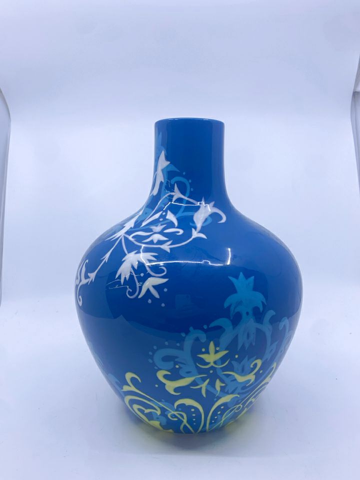 BLUE VASE W YELLOW WHITE DETAIL.