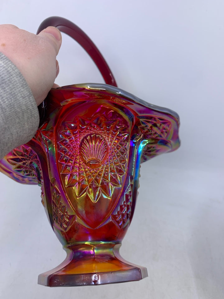 VTG INDIANA AMBERINA RED SUNSET CARNIVAL GLASS HEIRLOOM PATTERN BASKET.