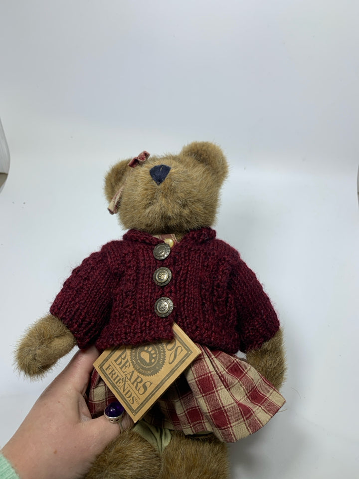 BOYDS BEAR W/ RED PLAID DRESS W/ MAROON SWEATER.
