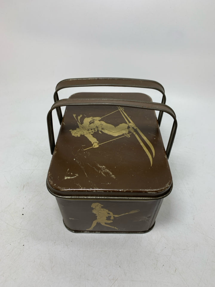 VTG BROWN METAL WOMAN PLAYING SPORTS SEWING BOX DECOWARE.