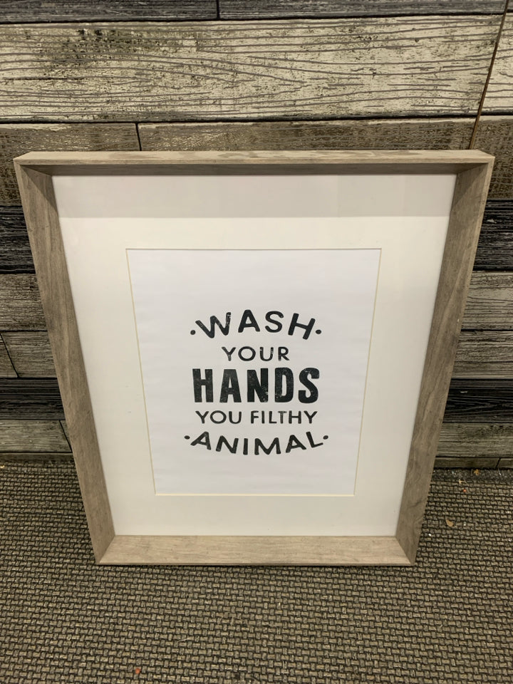 WASH YOUR HANDS-  GREY FRAMED ART.