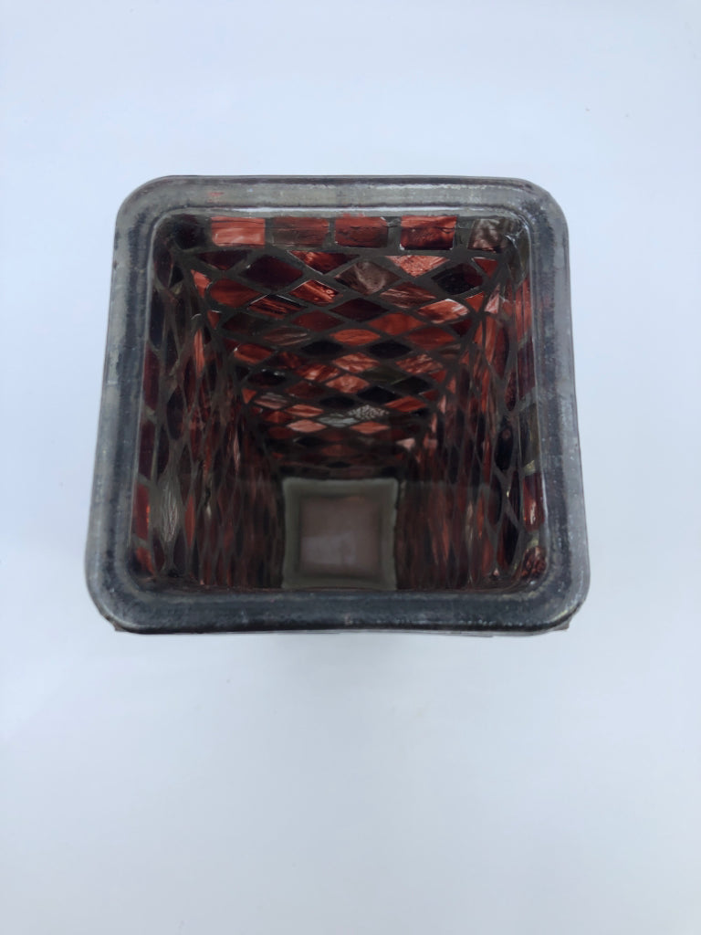 SQUARE BROWN MOSAIC GLASS VASE.