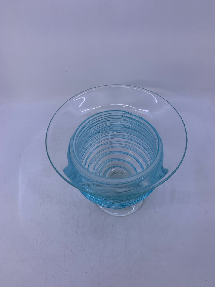 FOOTED GLASS CANDLE HOLDER W/ BLUE LINES.