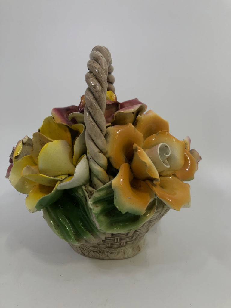 VTG CAPODIMONTE PORCELAIN YELLOW FLOWER BASKET.