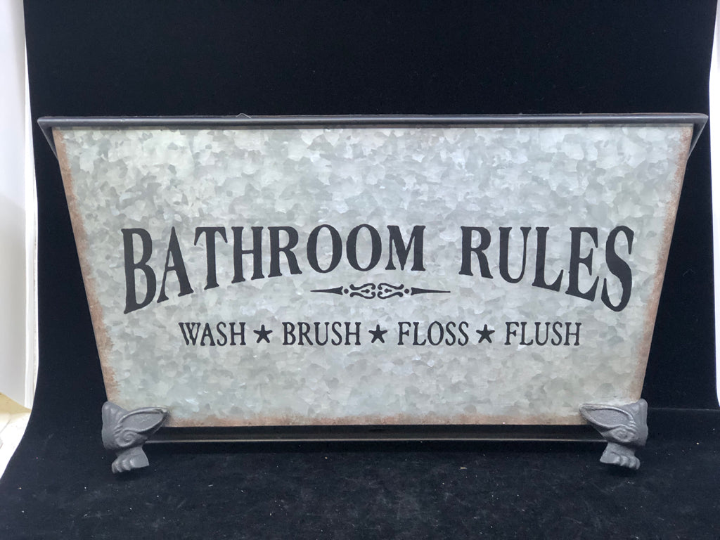 BATHROOM RULES GALVANIZED METAL SHELF.