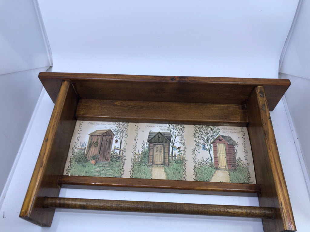 WOOD WALL SHELF, PRIMITIVE COTTAGES IMAGE W/TOWEL BAR.