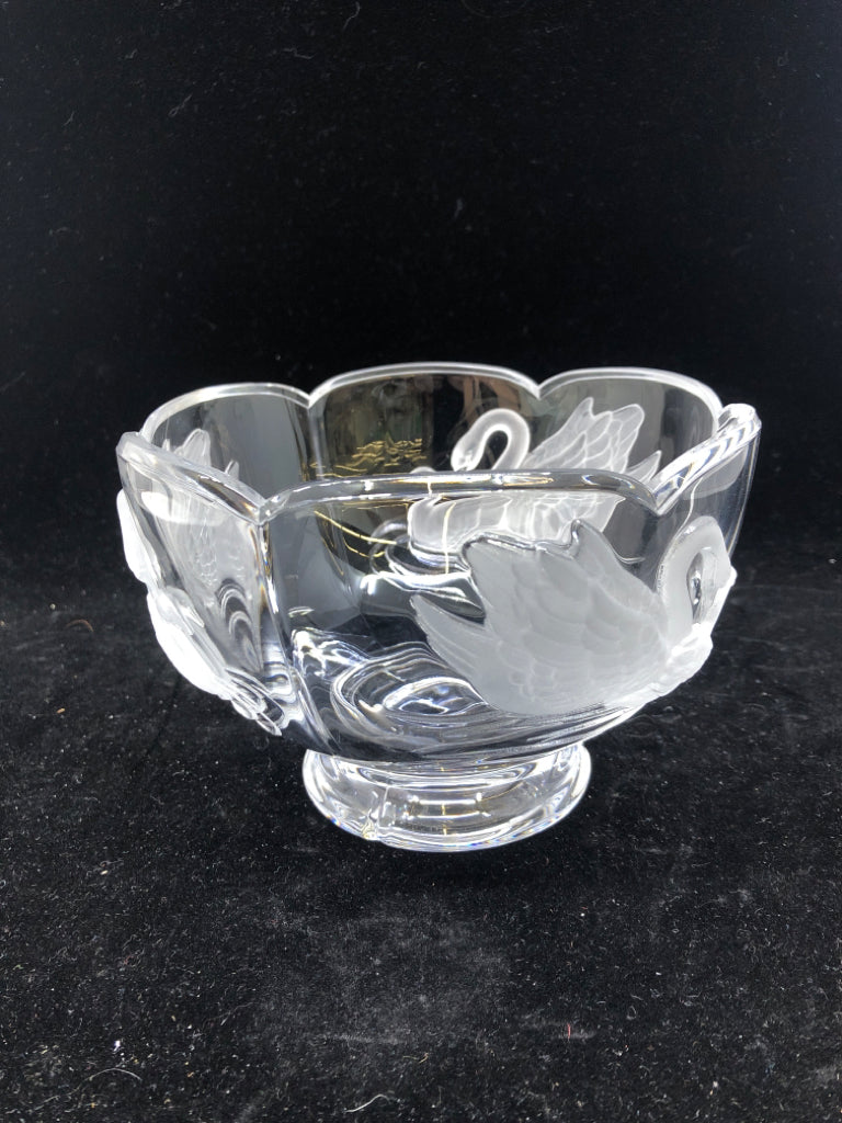 FOOTED GLASS CANDY DISH W/ EMBOSSED SWANS/ SCALLOP EDGE.
