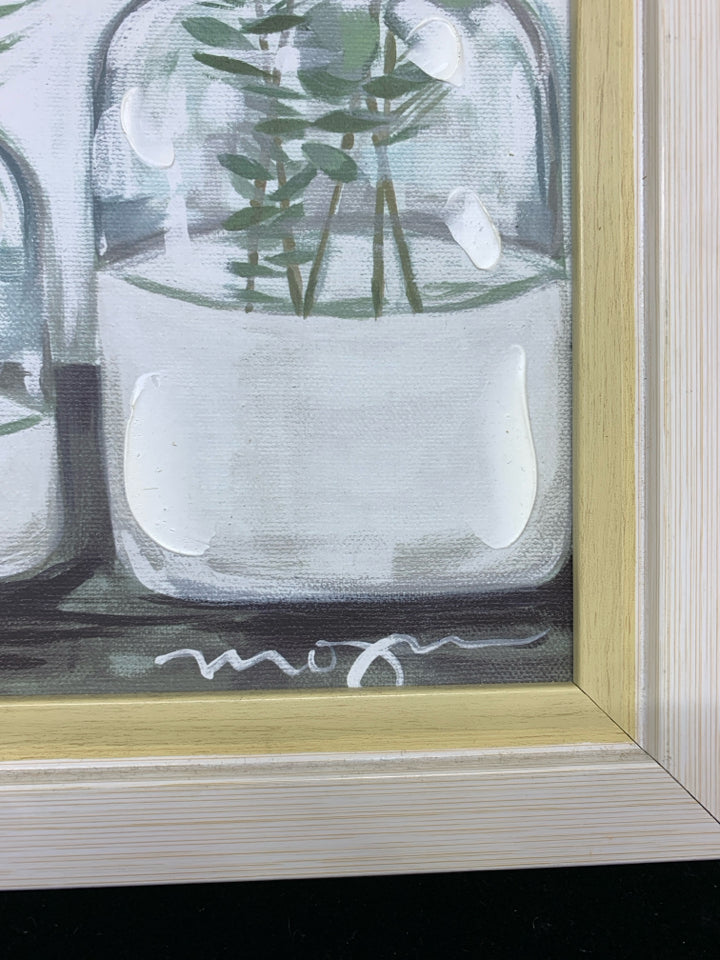 SUCCULENTS PAINTED CANVAS IN WHITE WOOD FRAME.