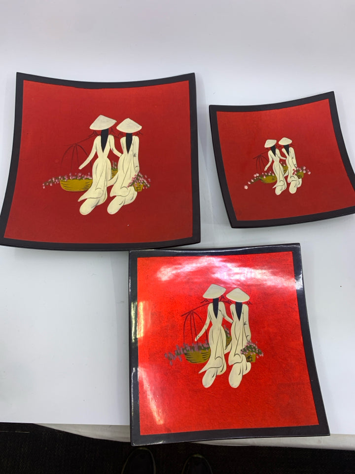3 RED SQUARE DELICATE PLATES W 2 WOMEN WALKING.