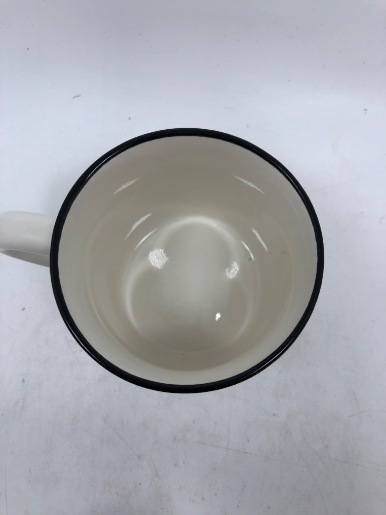 WHITE L  MUG W/BLACK RIM.