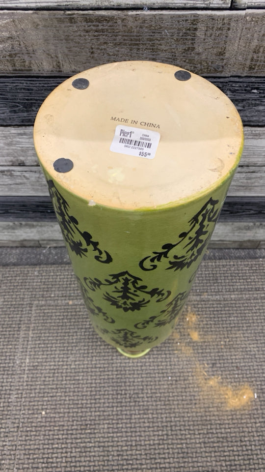 TALL GREEN/BROWN HEAVY CERAMIC VASE W/RIBBED NECK.