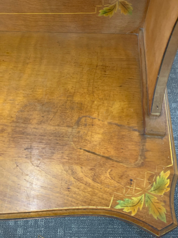 VTG WOOD HUTCH TABLE/ DESK- 3 SHELVES PAINTED LEAVES DETAIL.