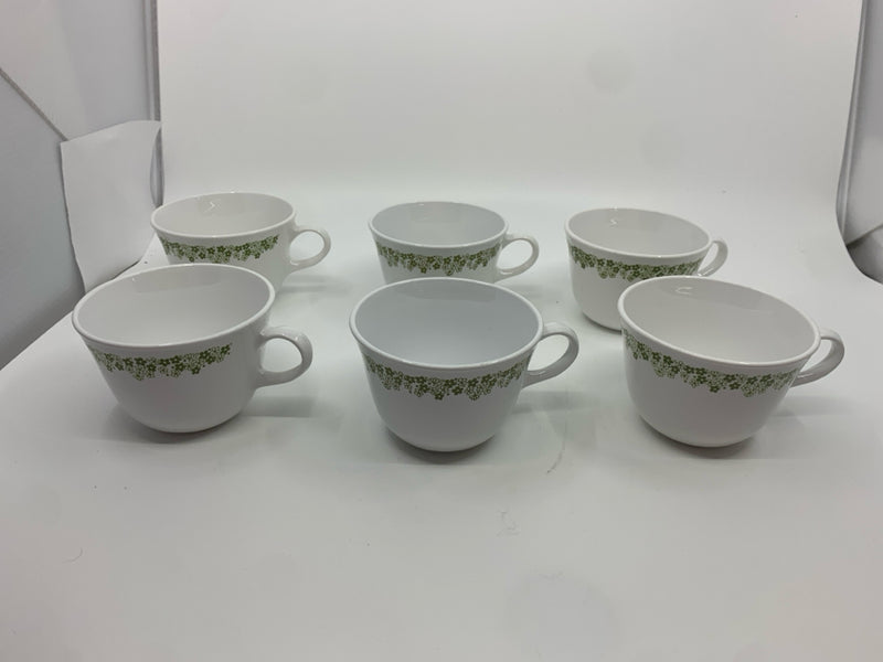 6 GREEN FLORAL CORELLE MUGS.