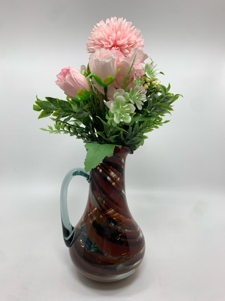 PINK FLORALS IN SWIRL PITCHER W/MARBLES.