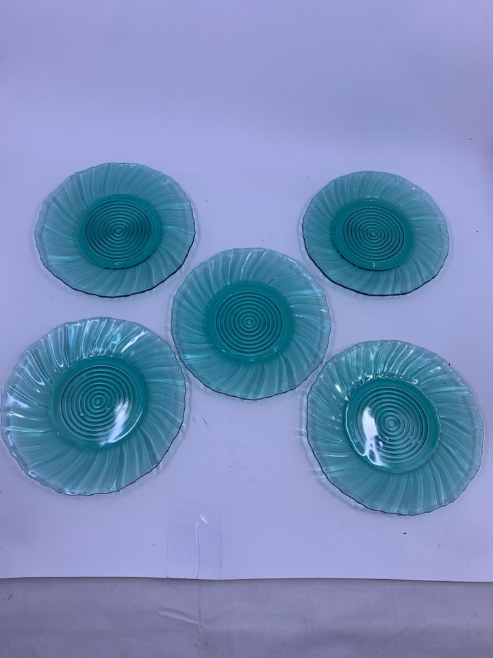 5 TEAL GLASS PLATES.
