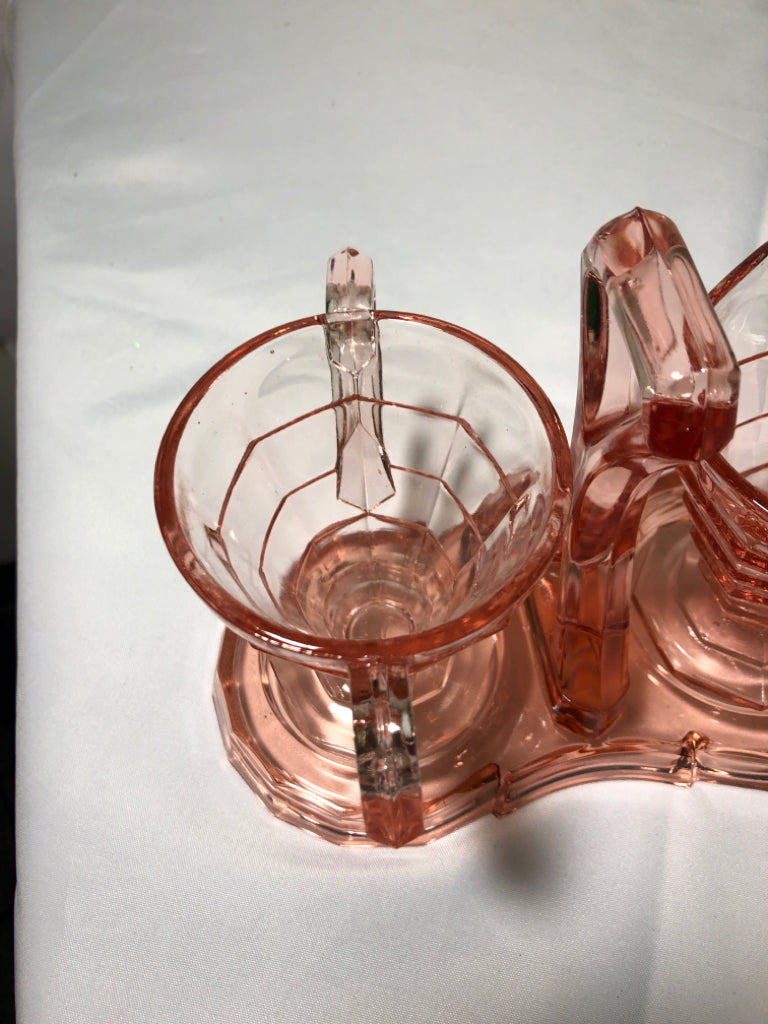 3PC VTG PINK DEPRESSION GLASS SUGAR AND CREAMER SET W STAND.