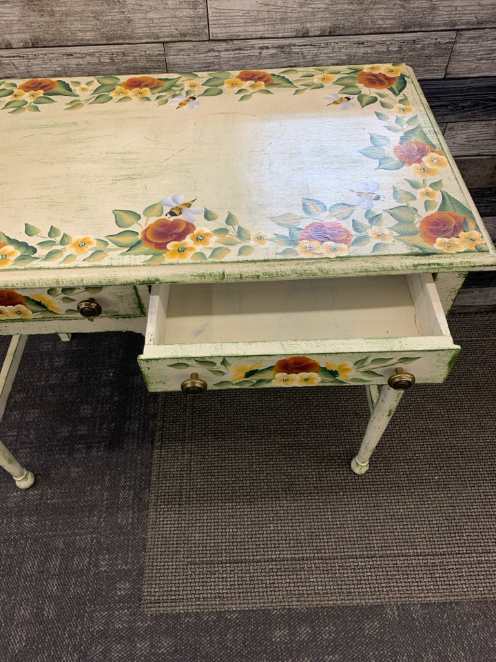 DISTRESSED GREEN FLORAL AND BEE PAINTED DESK W/ 2 DRAWERS.