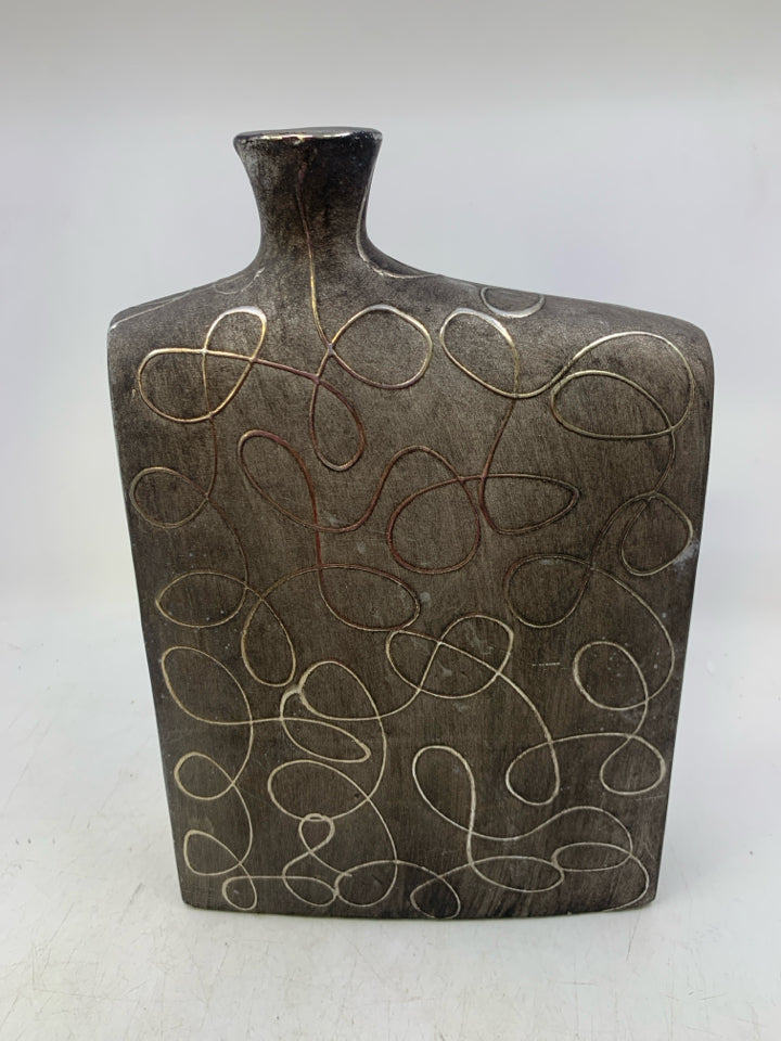 MATTE GREY CERAMIC VASE W/ SILVER SWIRLS OFF CENTERED NECK.