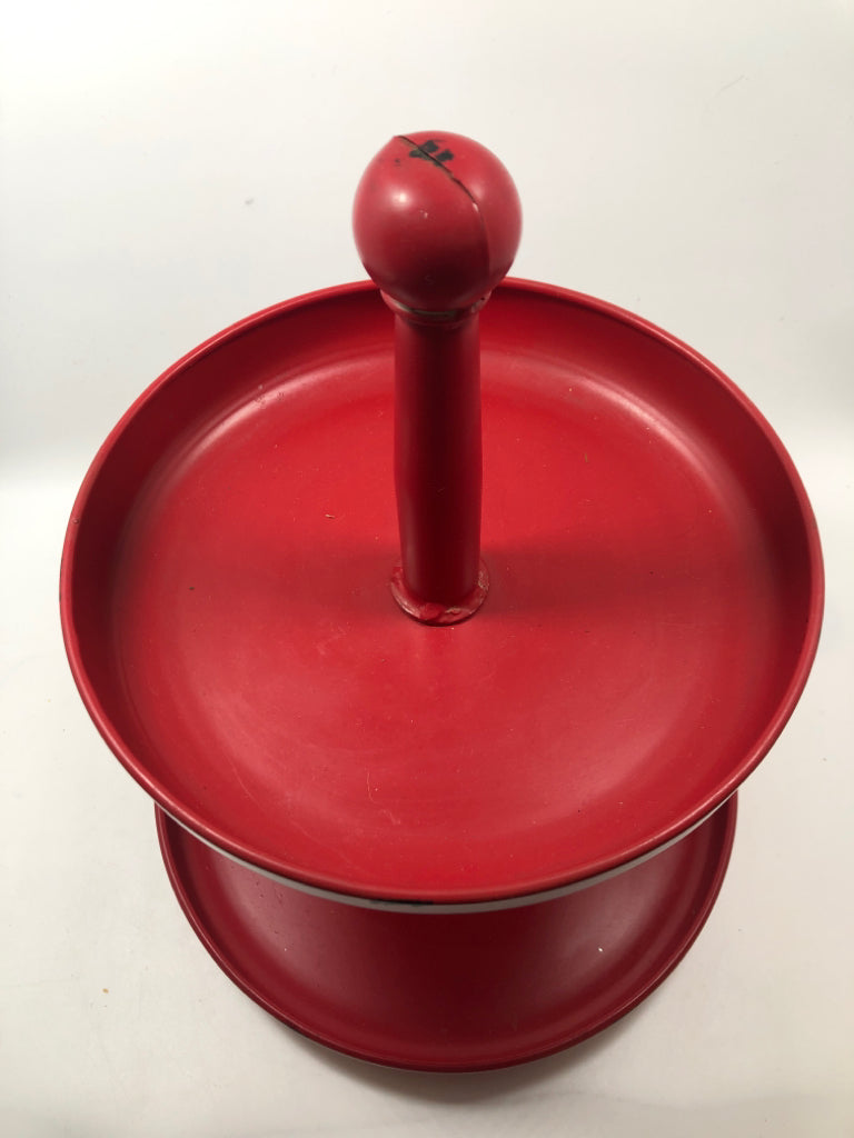 DISTRESSED 2-TIER RED METAL DISPLAY.
