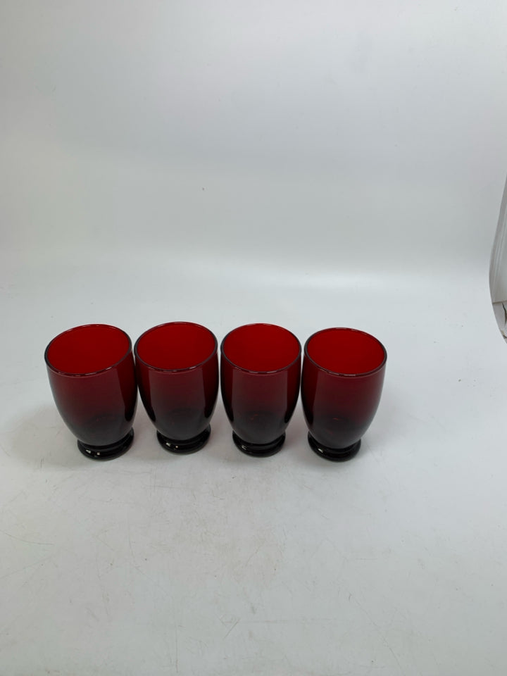 4 RUBY RED GLASS SMALL JUICE GLASSES.