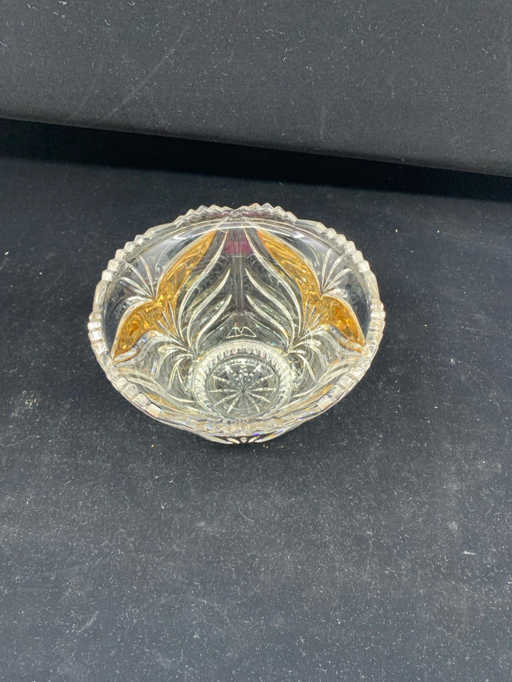 SMALL CUT GLASS CANDY DISH W GOLD ACCENTS.