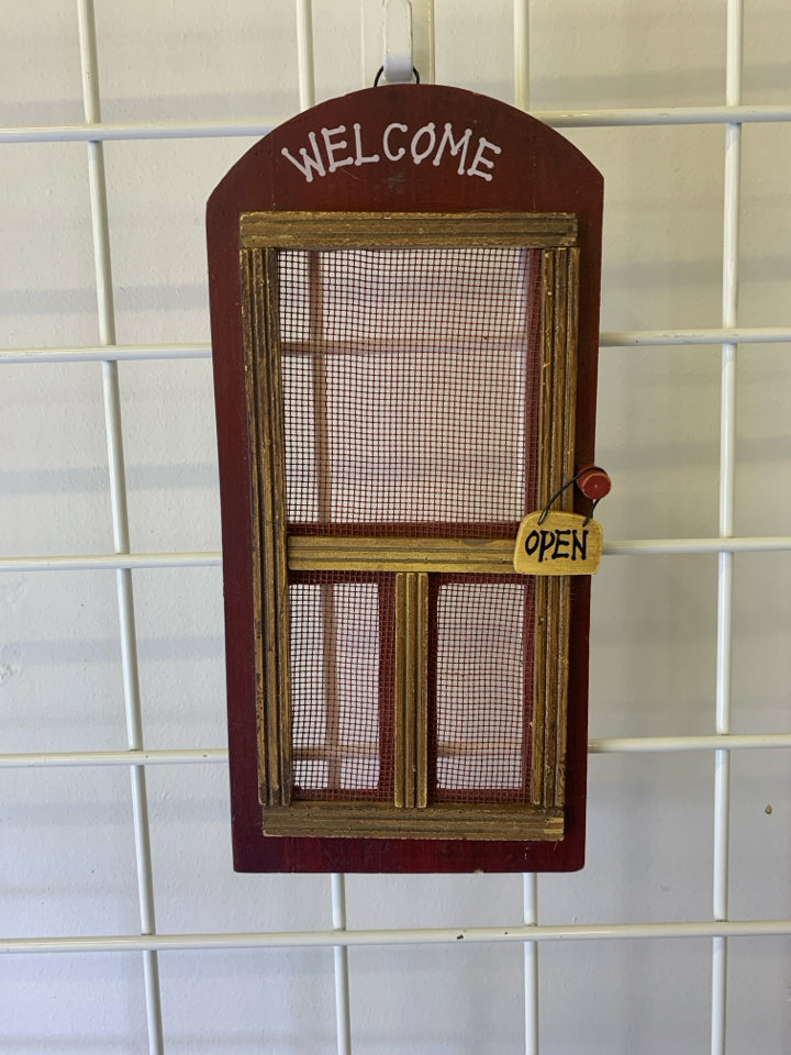 FAUX SCREENED DOOR WALL ART RED WELCOME.