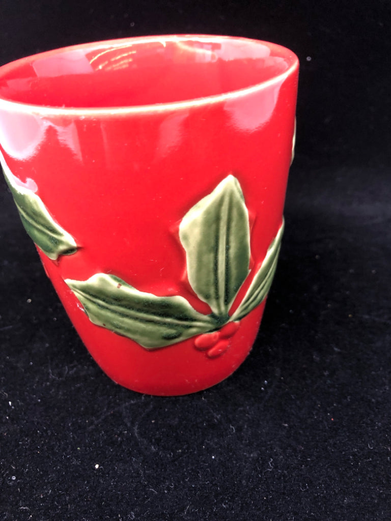 4 RED MUG W/ EMBOSSED HOLLY.