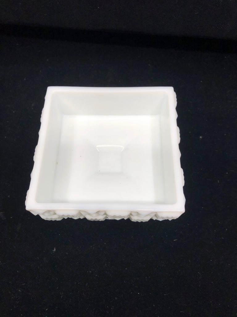 VTG FOOTED MILK GLASS SQUARE SHALLOW TEXTURED DISH.