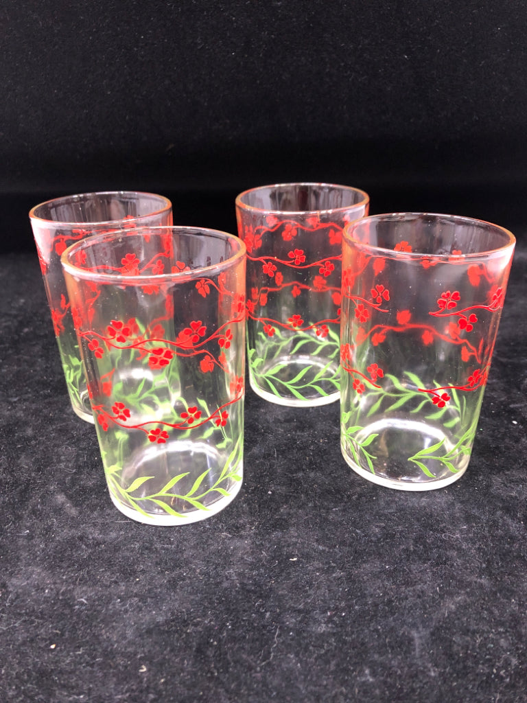 4 RED AND GREEN FLORAL JUICE GLASSES.