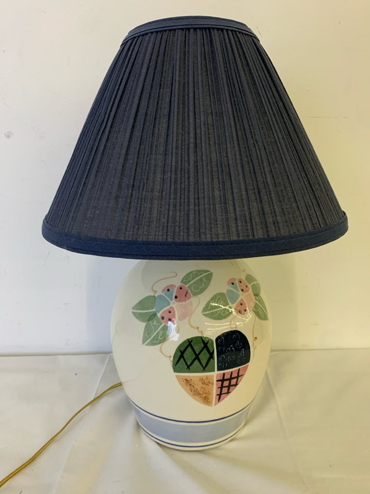 CERAMIC BASE LAMP W/ HEARTS+FLOWERS DARK BLUE SHADE .