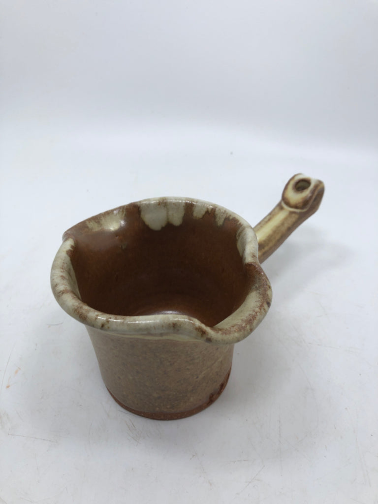 BROWN GLAZED POTTERY BUTTER WARMER.