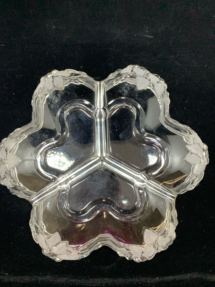 DIVIDED GLASS SERVING DISH W/FROSTED FLOWERS.