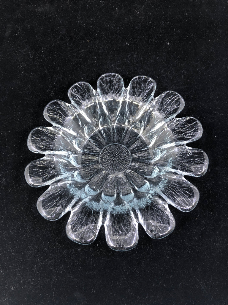 HEAVY GLASS FLOWER DISH W/ EMBOSSED DESIGNS.