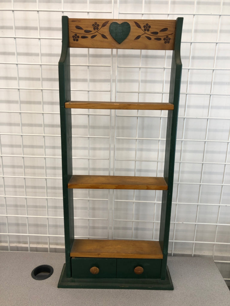 3-TIER GREEN & WOOD HANGING SHELF W/DRAWER.