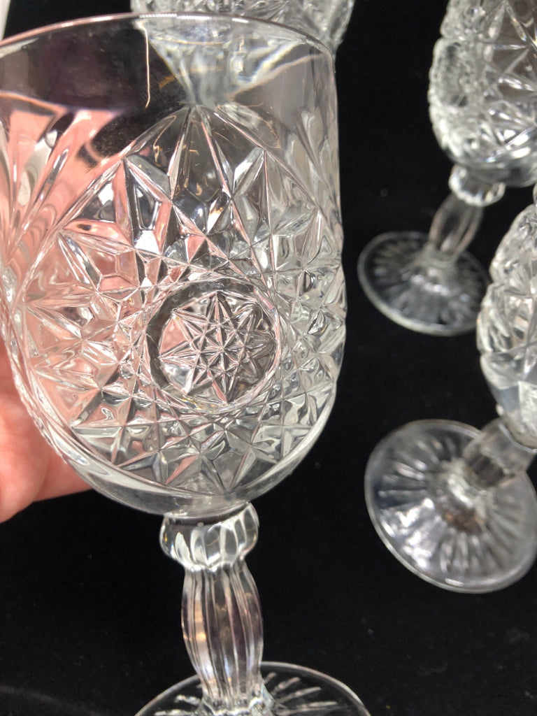 6 GLASS/CRYSTAL GOBLETS W/EMBOSSED MEDALLION DESIGN.