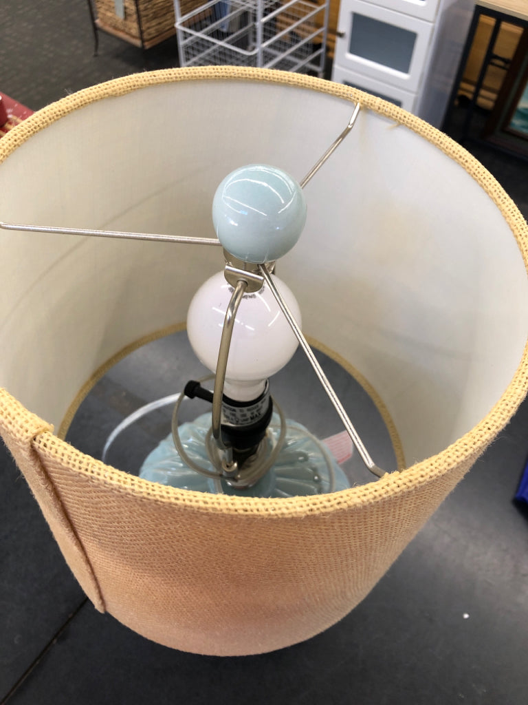 ROUND TEAL LAMP W TAN SHADE.