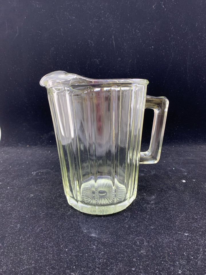 RIBBED GLASS PITCHER ICE LIP SQUARE HANDLE.
