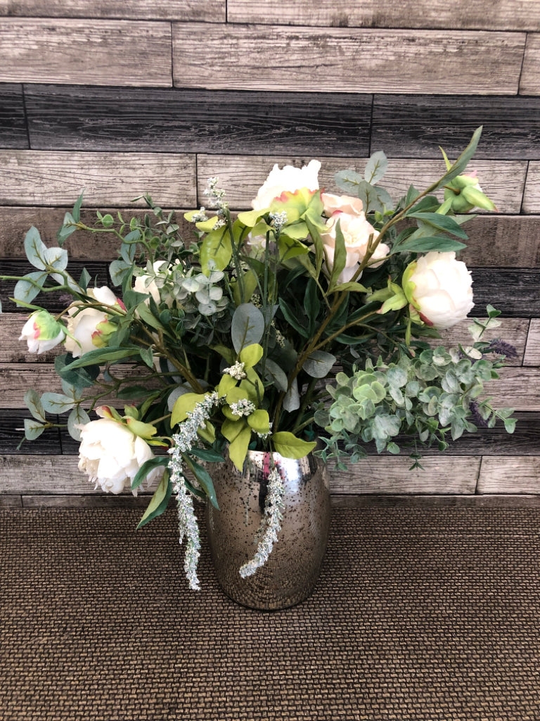 SILVER MERCURY GLASS VASE WITH PEONIES FLORAL ARRANGEMENT.