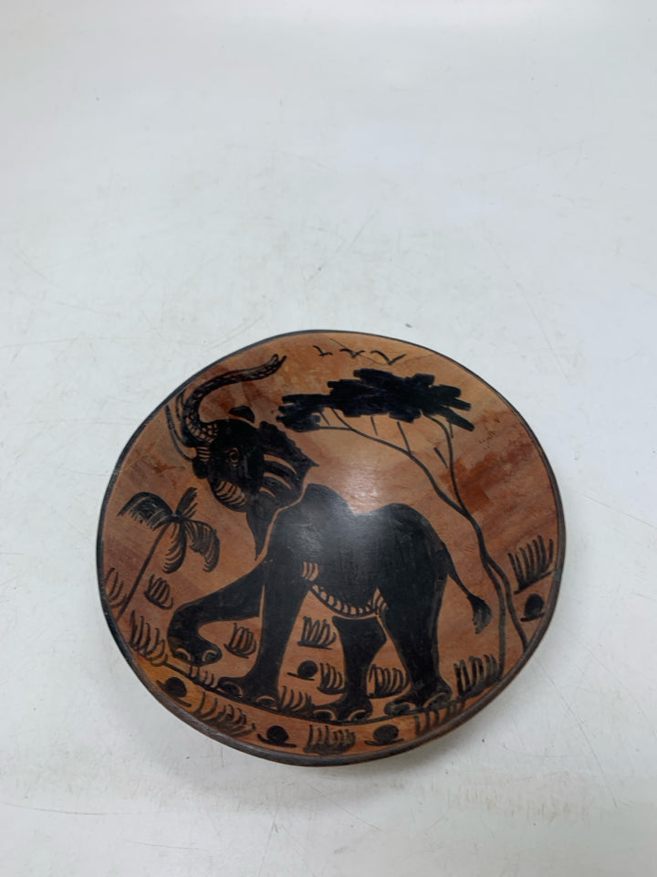 WOOD CARVED BOWL W/ PAINTED ELEPHANT.