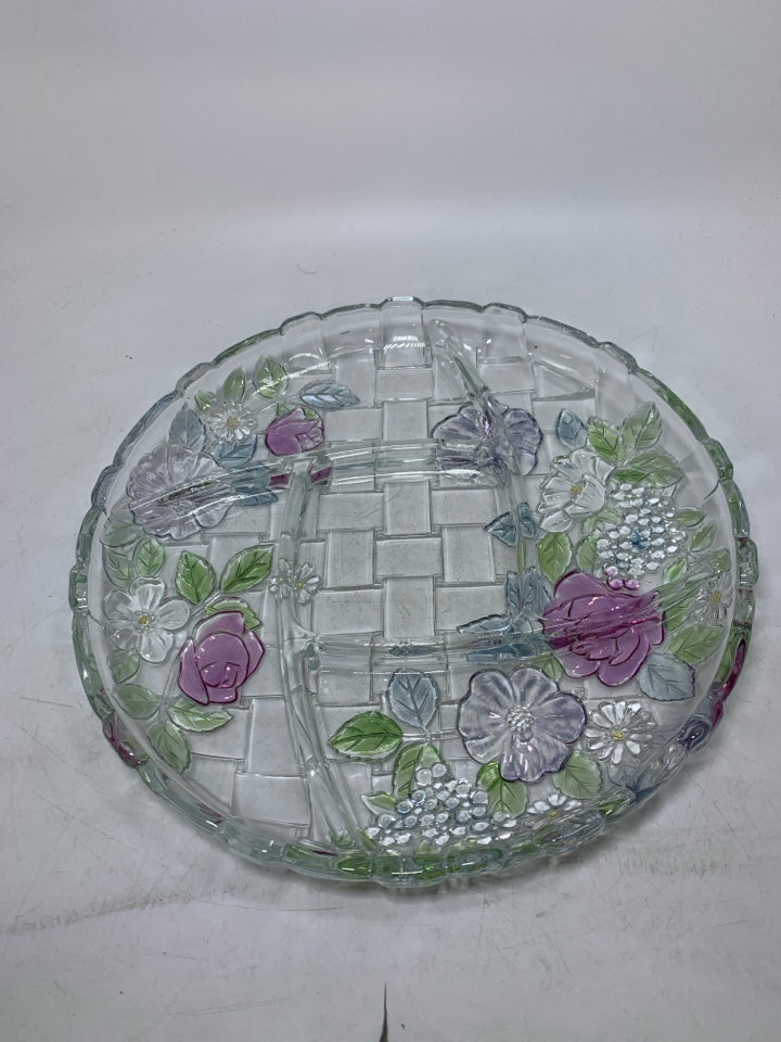 VTG BASKET WEAVE PASTEL FLORAL PATTERN DIVIDED SERVER.