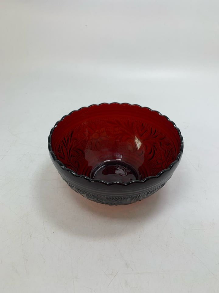 RUBY RED NUT BOWL W/ EMBOSSED FLOWERS/ SCALLOP EDGE.