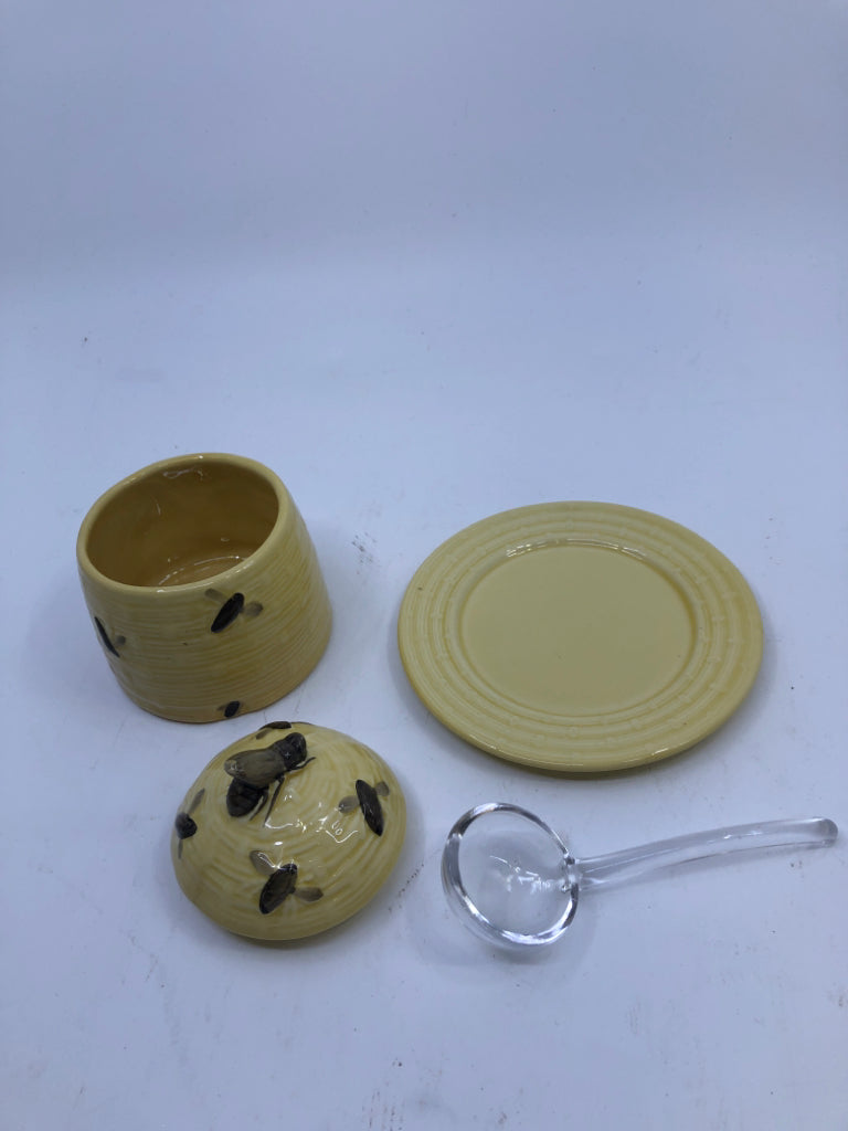 3 PC BEEHIVE HONEY POT W/ PLATE/SPOON MADE IN GERMANY.