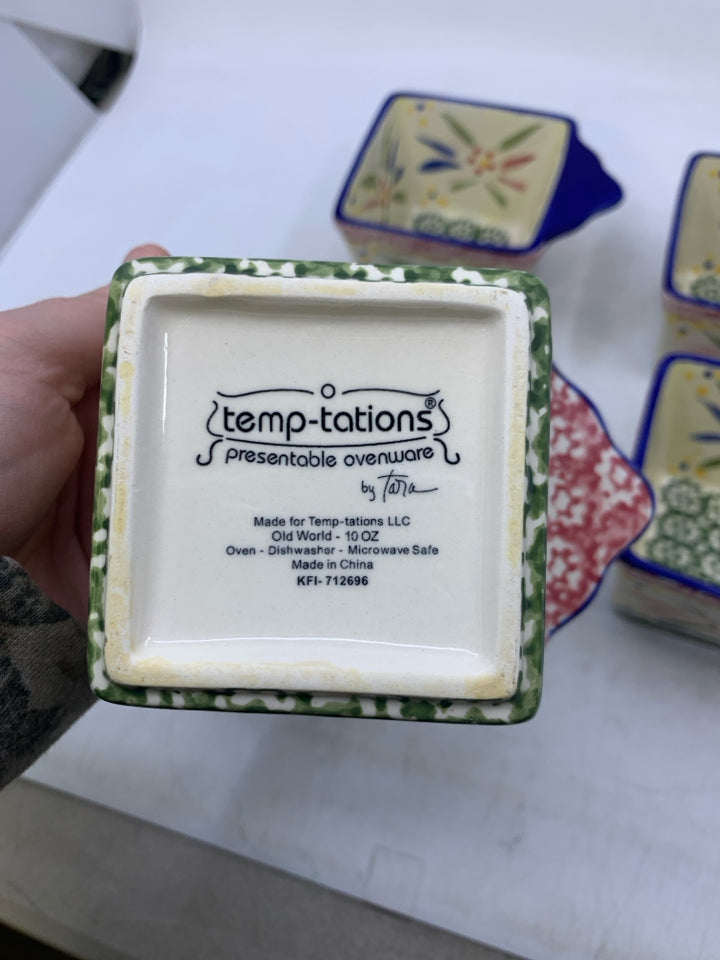 4 BLUE GREEN RED DIP BOWLS W/ HANDLES.