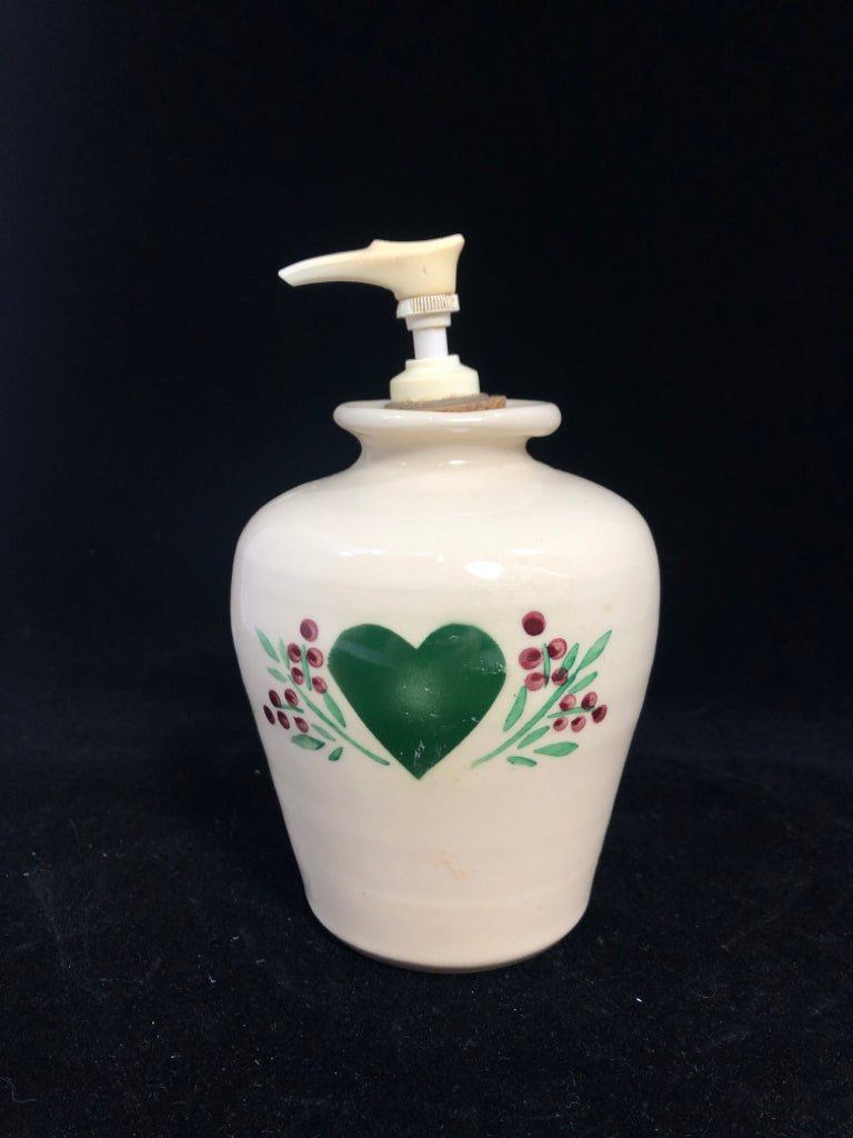 PRIMITIVE CREAM STONEWARE SOAP DISPENSER W/GREEN HEART.