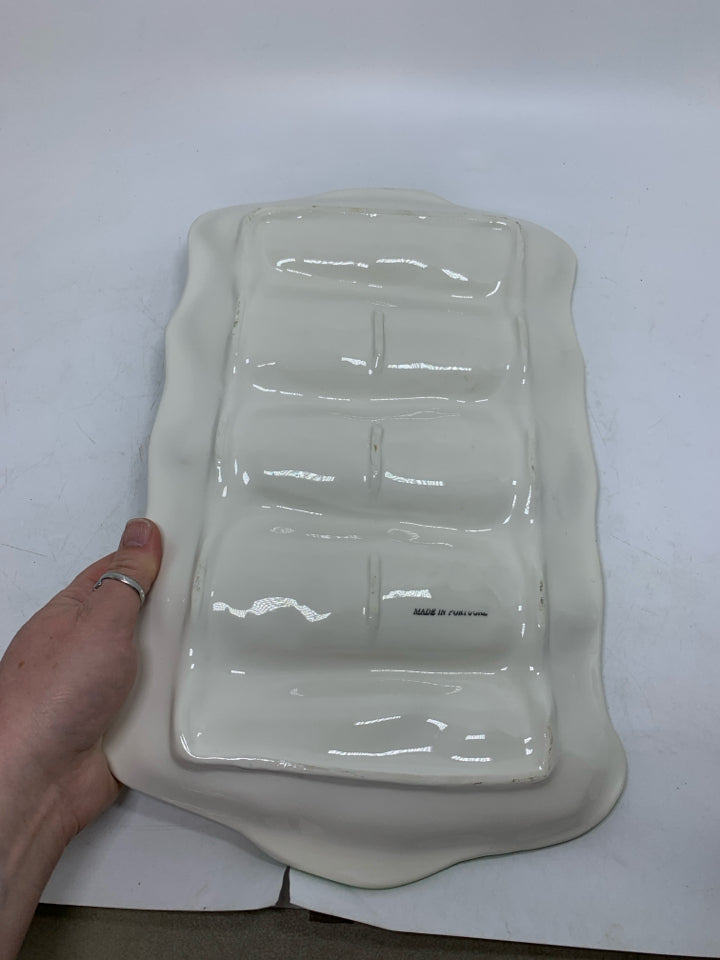 5 SLOT TEXTURED CORN HOLDER PLATE MADE IN PORTUGAL W/ HANDLES.