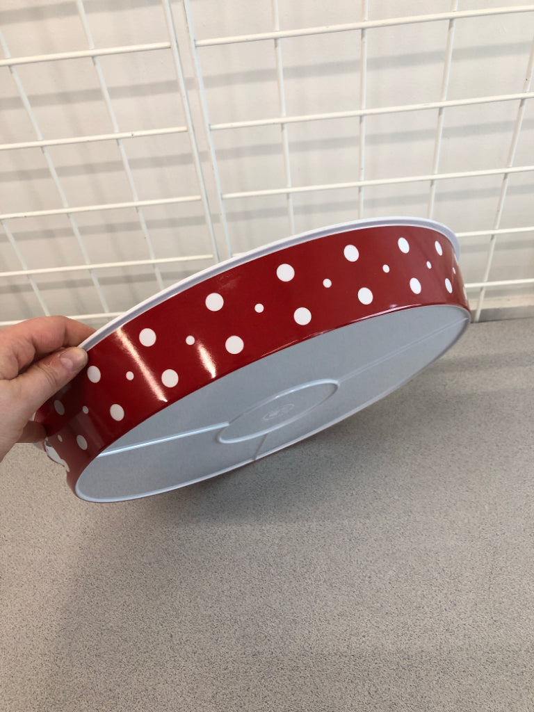 LARGE ROUND TRAY RED WHITE POLKA DOT MELAMINE.